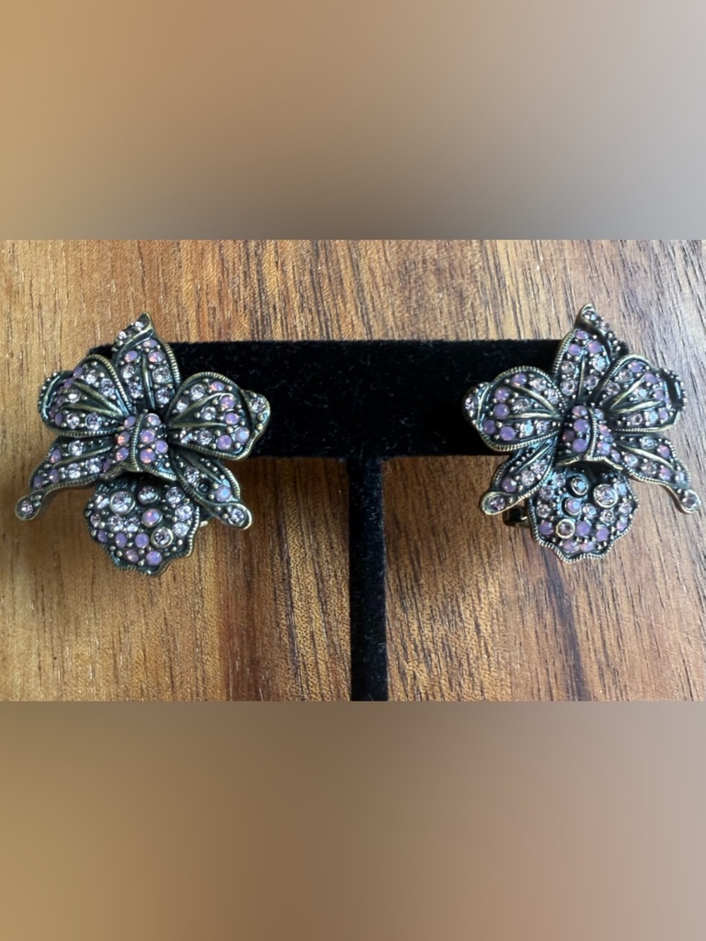 Heidi Daus Crystal Floral Pierced Earrings Antique Gold Purple Rhinestone Orchid